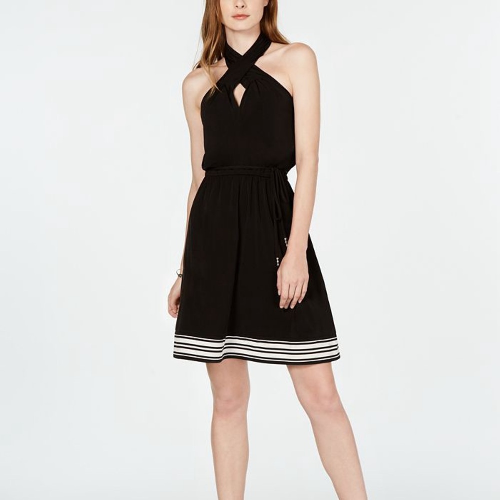 Michael Kors Black and Gray Halter Tie Front Dress